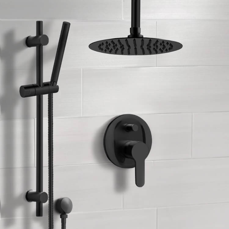 Shower Faucet, Remer SFR63, Matte Black Ceiling Shower System With Rain Shower Head and Hand Shower